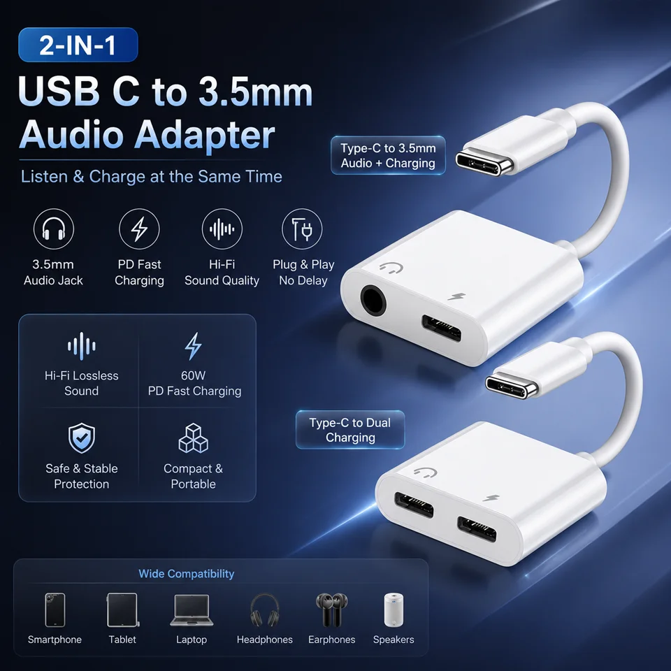 2-in-1 Audio Adapter USB C to 3 5 mm Jack Type-C Charging 3.5mm Aux Cable For Samsung Xiaomi Huawei Wired Headphones Connector