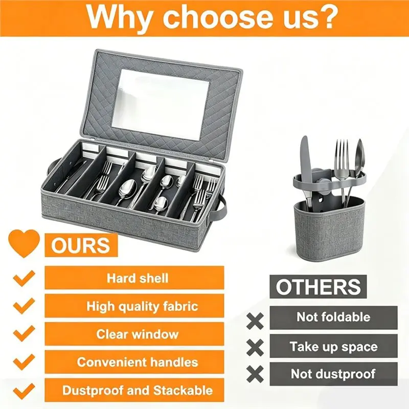 Simple Operation Flatware Utensils Storage Case 2 Pack-Sturdy Silverware Storage Box With Dividers, 5 Compartment