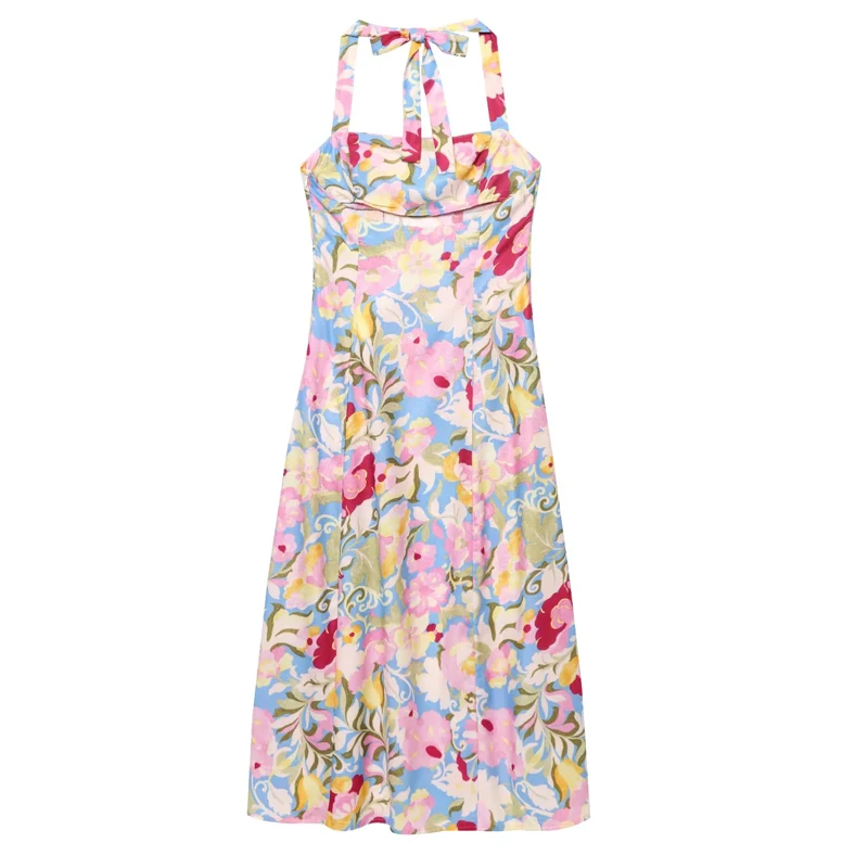 HXAO Print Gebloemde Jurk Vrouw Zomer Halter Strand Lange Jurken Corset Backless Sexy Nieuw In Jurken Mouwloze Slip Midi Jurk