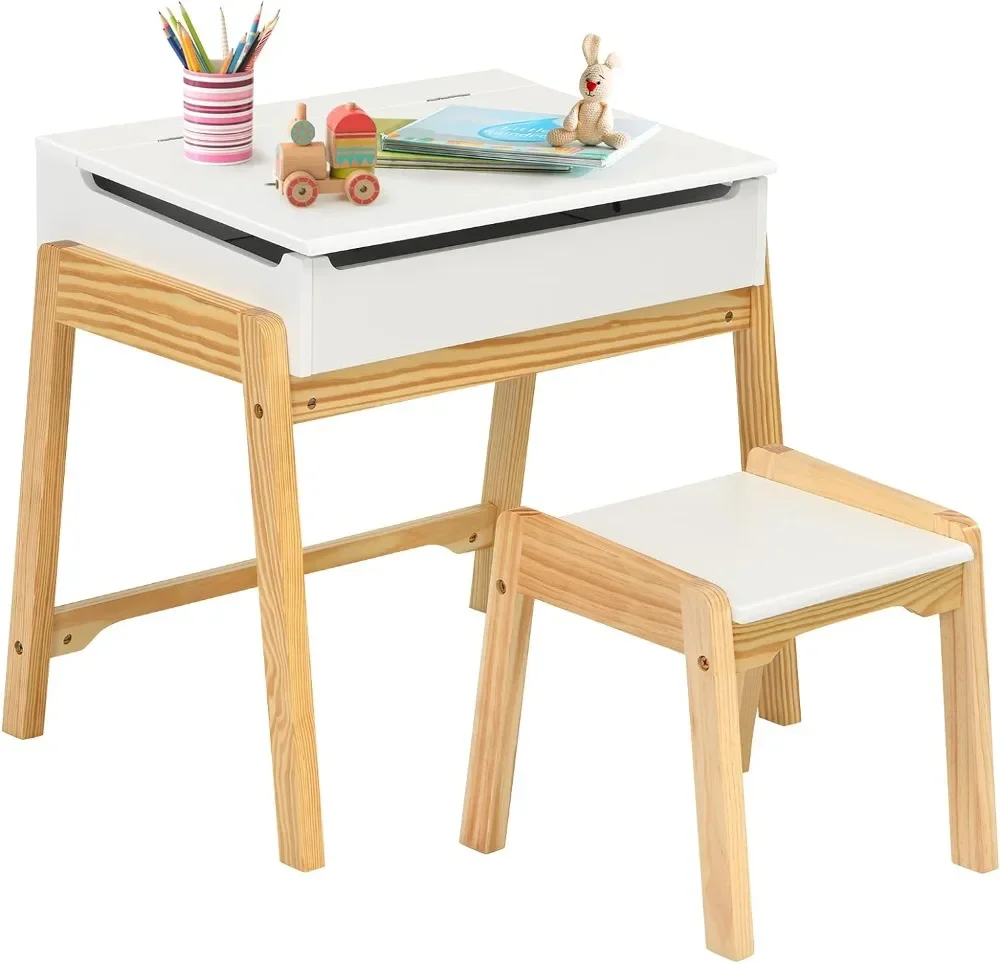 Costzon Kids Table and Chair Set, Wooden Lift-top Desk & Chair W/Storage Space, Safety Hinge, Gift for Toddler Drawing, Reading