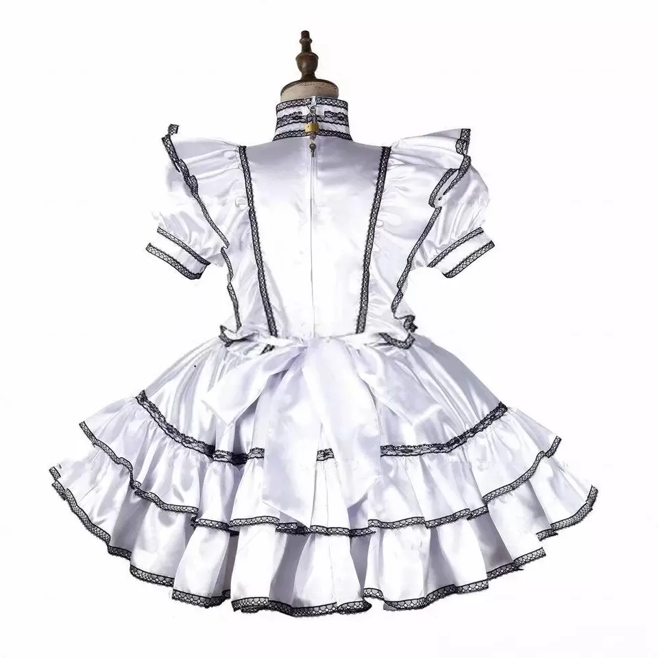 Sissy White Satin Dress Maid Lockable Cosplay Halloween Costume Customized
