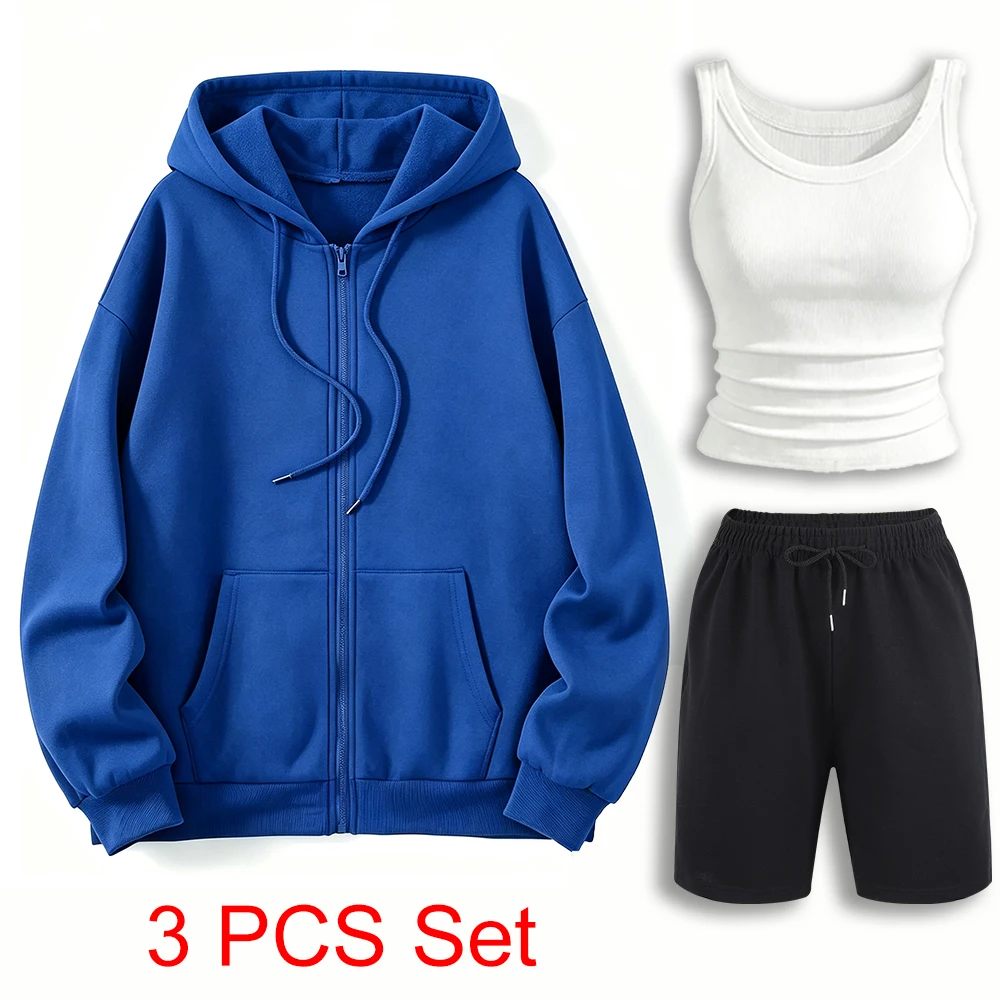 Female Pocket Zip-Up Hoodies 3Pcs Suit Thread Comfortable Gym Vest Sport Drawstring Short Pants Fashion Street Casual Sportswear