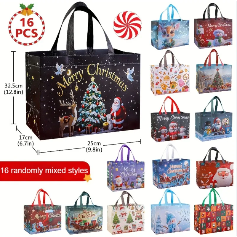 16 große Weihnachtsgeschenktüten mit Griffen, wiederverwendbar, Weihnachtsmann, Schneemann, Weihnachtsbaum-Designs – für Urlaubsangeln, Weihnachtsfeiern – Detail 5