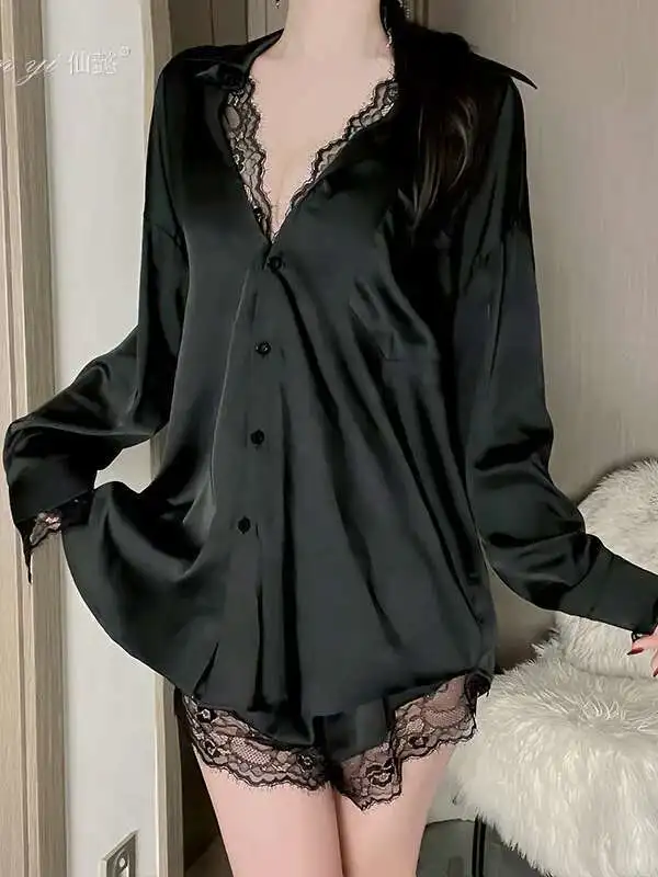 عادية ليوبارد قمصان فضفاضة مثير الرغبة النقية صديقها نمط قميص منامة الدانتيل مثير موحدة قطعتين فستان أنيق K2TS