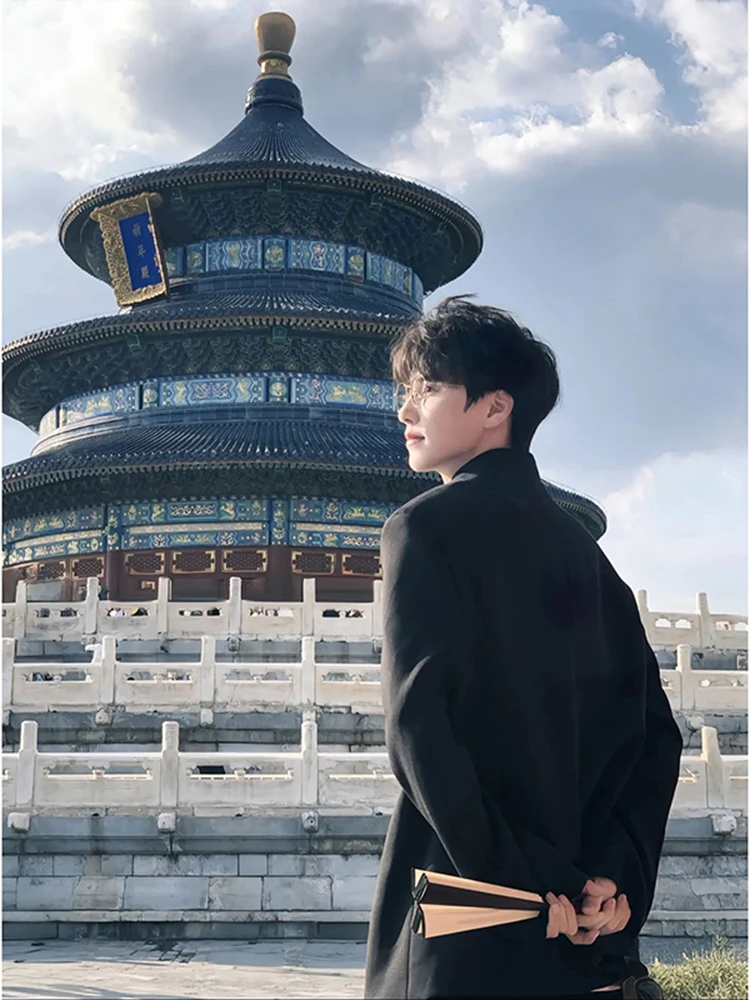 

New Chinese Sle Bla Suit Jaet Men's High-End Feeling Outdoor Faionable Versatile Jaet Loose Fit Teenagers Polyester...