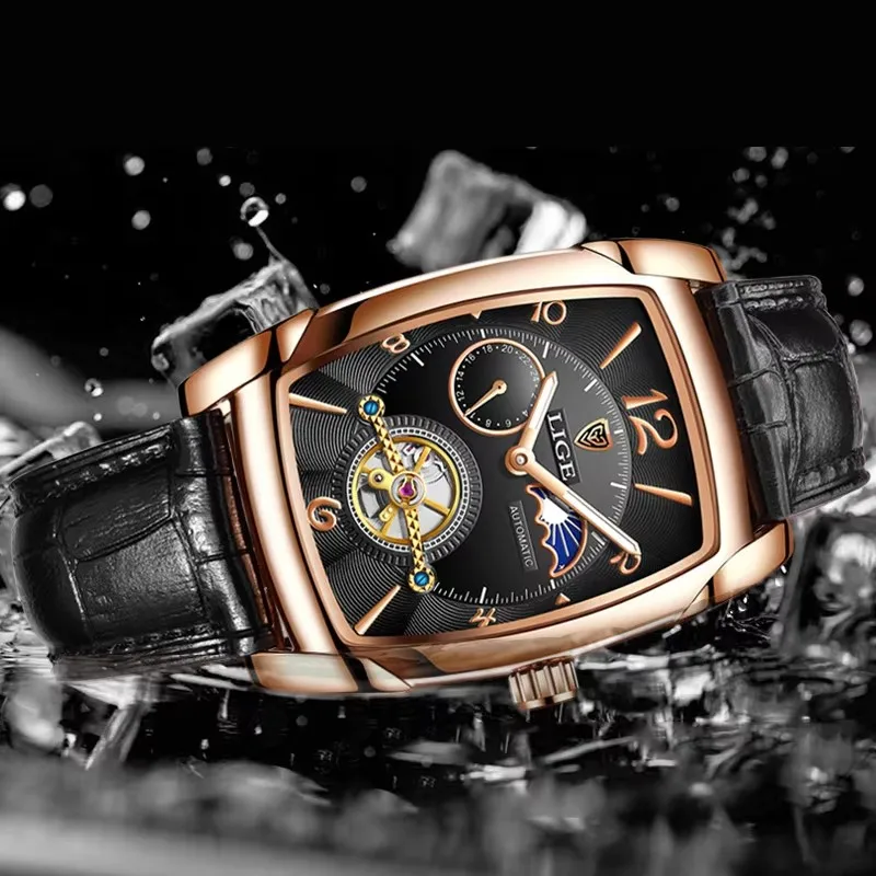 LIGE лучший бренд класса люкс мужские часы квадратные автоматические часы для мужчин часы с турбийоном из натуральной кожи водонепроницаемые механические часы