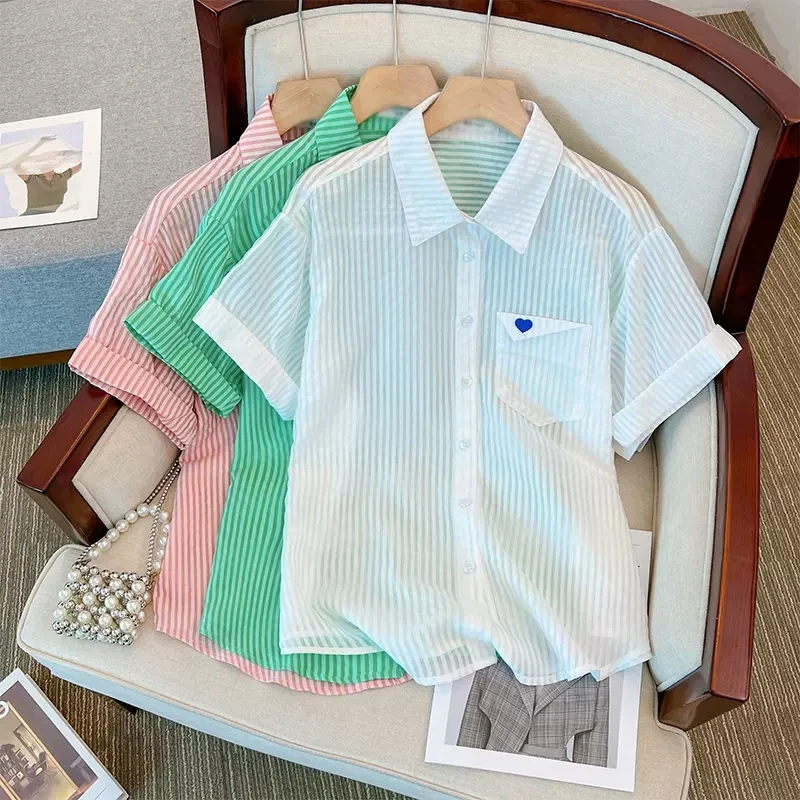 

plus Size Women's irt Slimming Design Striped Embroidery Korean Sle Collar ort Sve Casual Faion Top