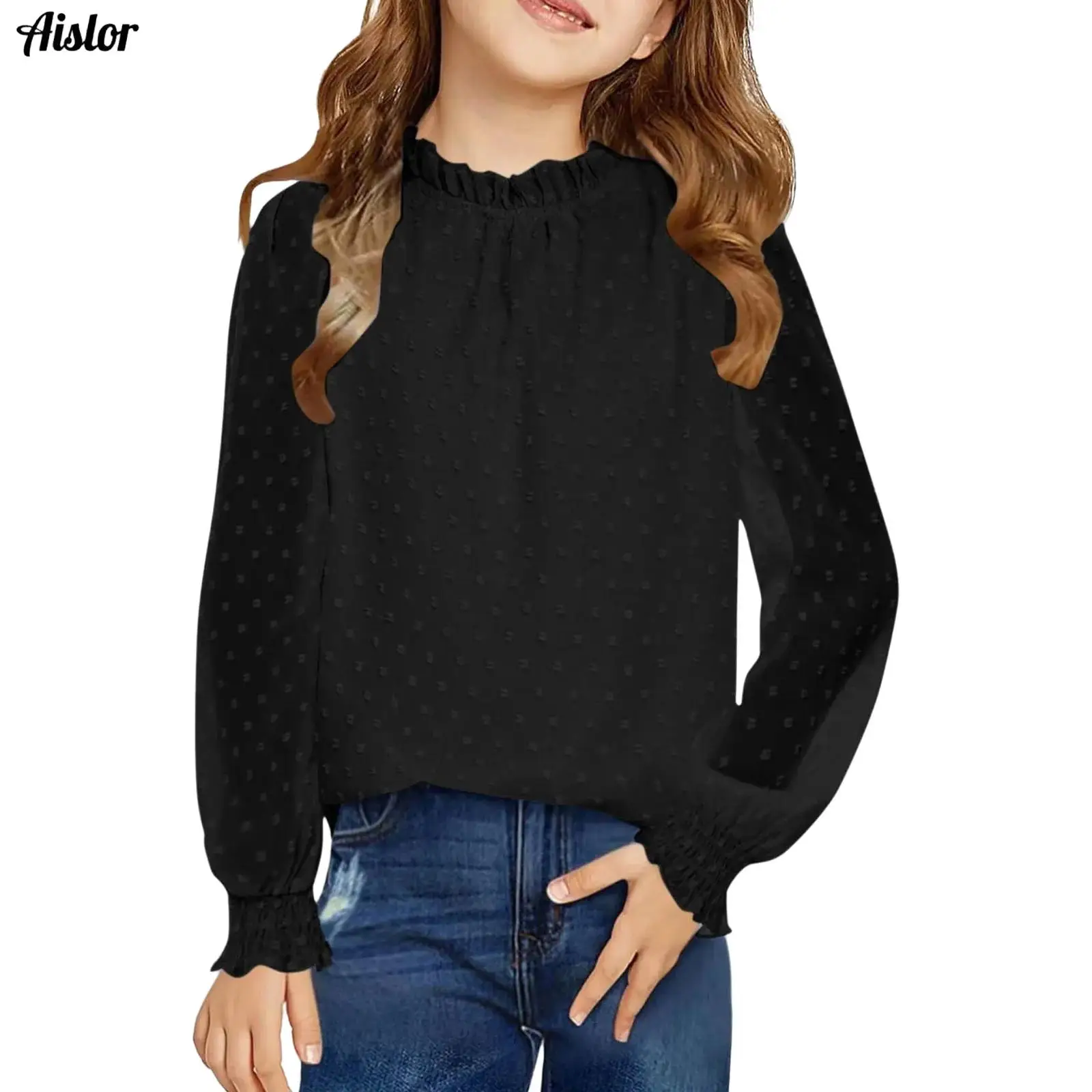 

Kids Girls Blouse Shirt Casual Cute Frilly Collar Shirt Long Puff Sleeves Dots Loose Pullover Tops for Birthday Party Wedding