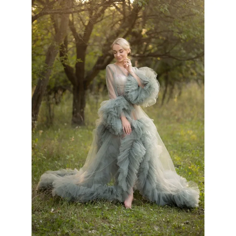 Sage Green Tulle Maternity Robe – Maxi Sheer Boudoir Gown with Train & Puffy Sleeve for Pregnancy Photoshoot