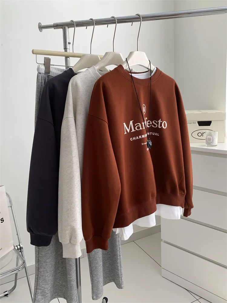 Caramel Round Neck Letter Rinted Hoodie For Women, Loose White Autumn Pullovers