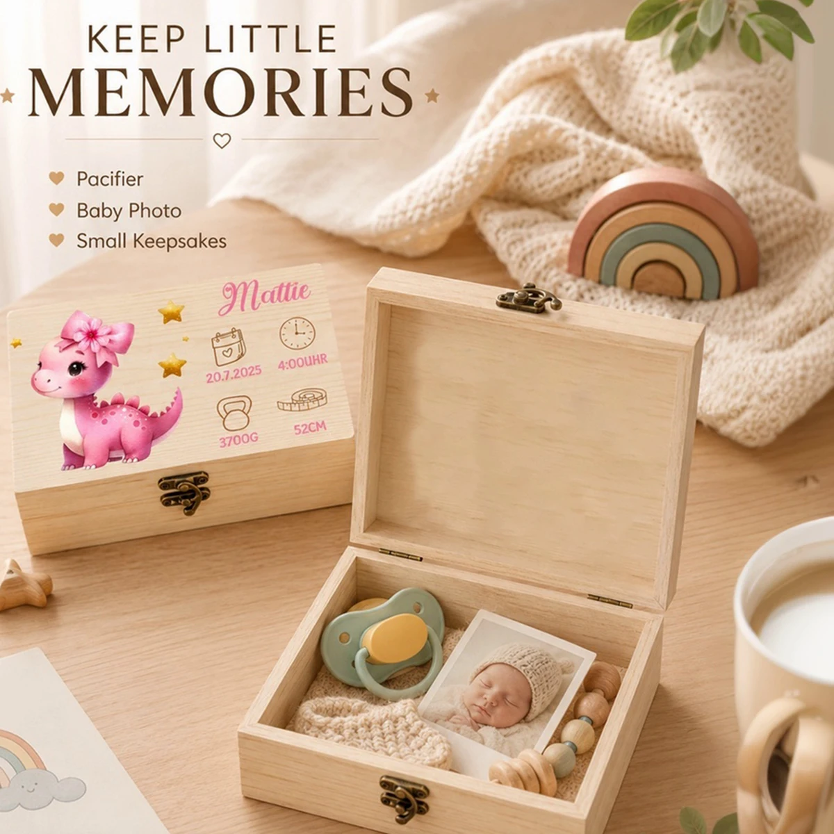 Custom Dinosaur Wooden Keepsake Box, Personalized Name & Birth Details Memory Box, Customizable Keepsake Chest, Birthday