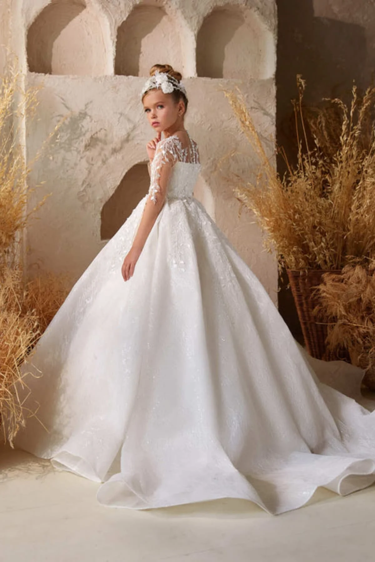 Vestido de niña de flores con cuentas de satén blanco personalizado para boda lentejuelas de manga larga vestido de fiesta de cumpleaños de primera comunión para niños