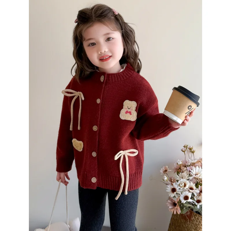 

Girls Sweater Cardigan Autumn and Winter Clothing2025New Style Children's Fashionable Base Shirt Little Girl Bear Knitted Sweate