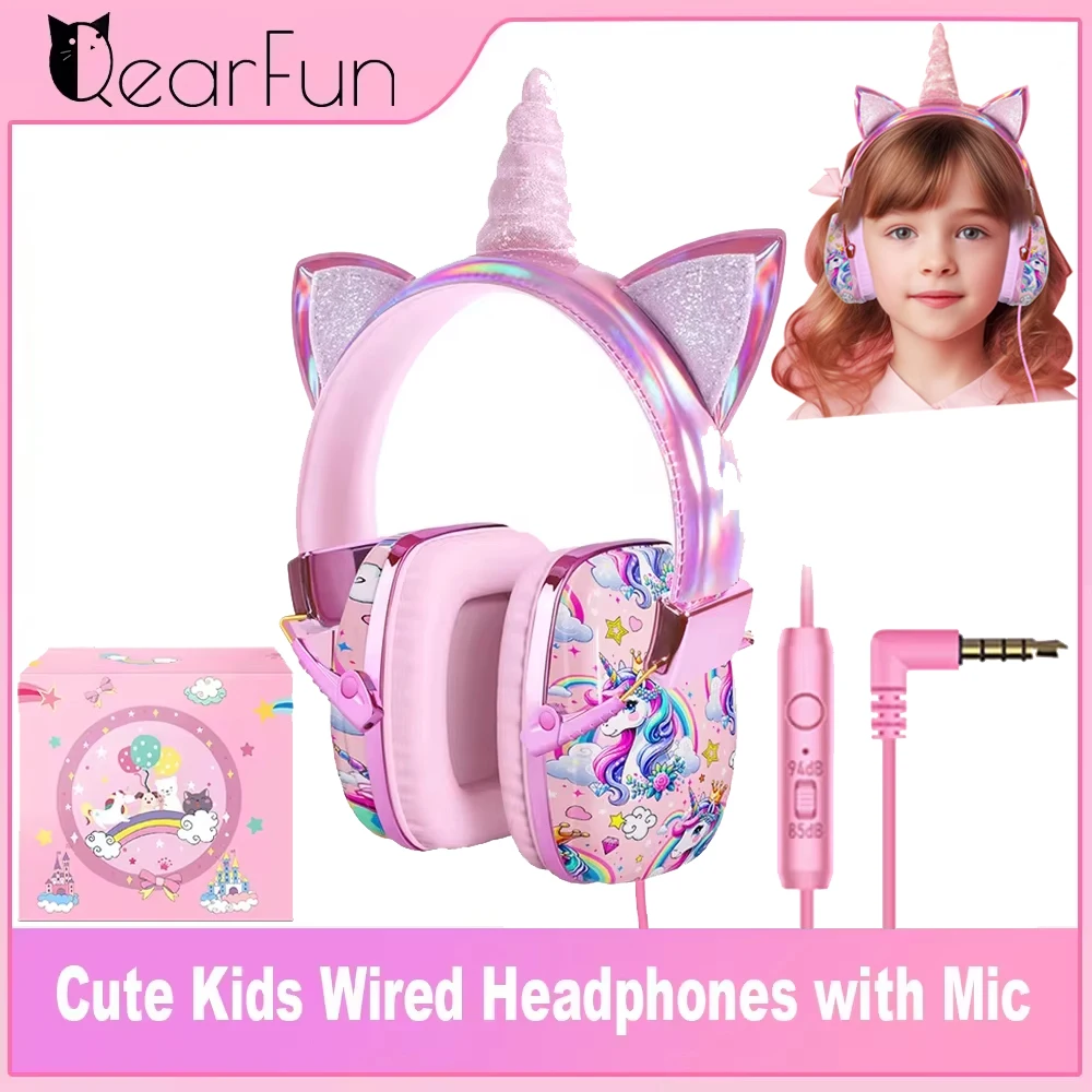 Cute Unicorn Kids Headphones Wired Headphones With Mic 85dB Volume Limite Children\'s Headphones for iPad Shcool Travel Kids Gift