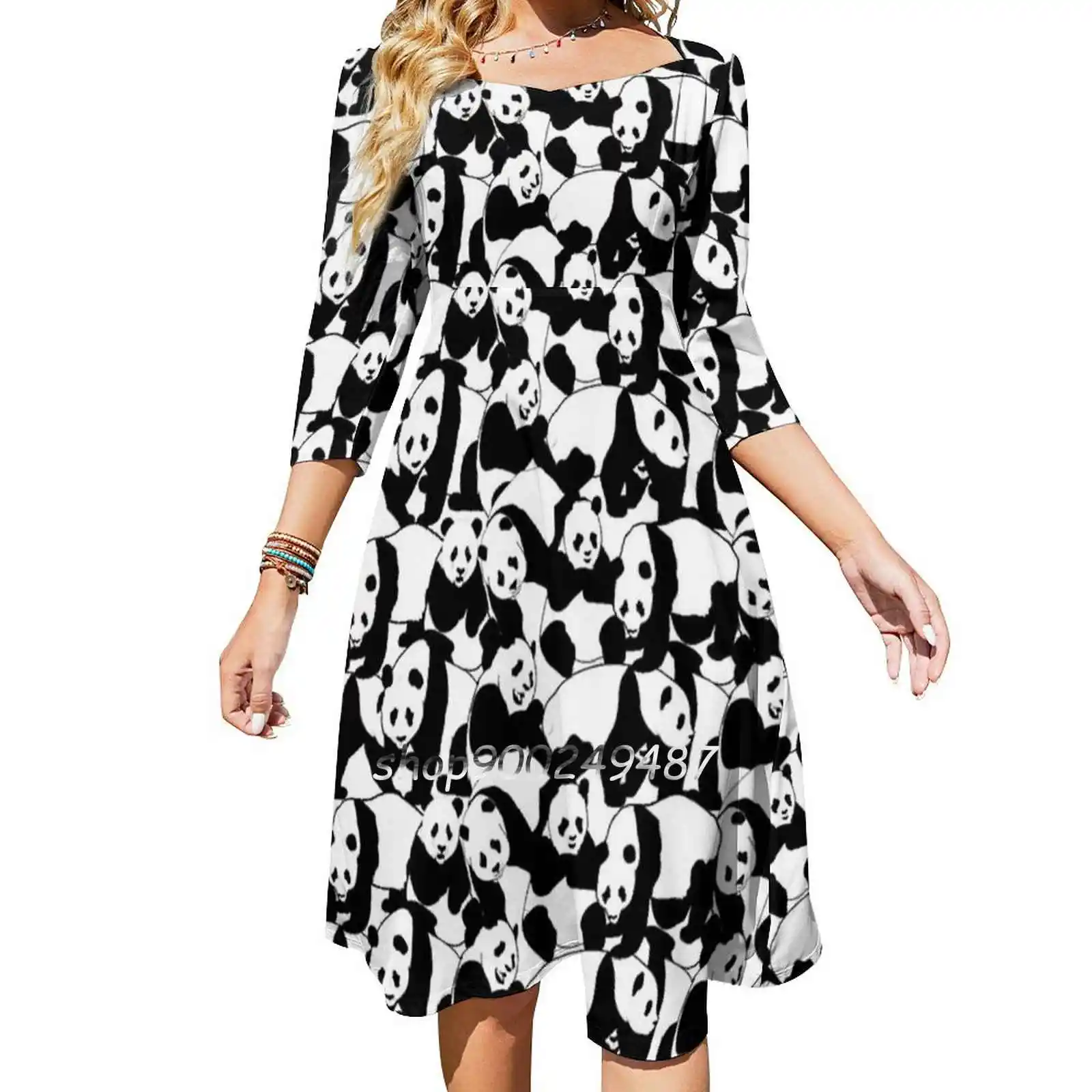 

Panda Pattern Evening Party Dresses Midi Sexy Dress Female Sweet One Piece Dress Korean Panda Pattern Animal Cute Bamboo Nature