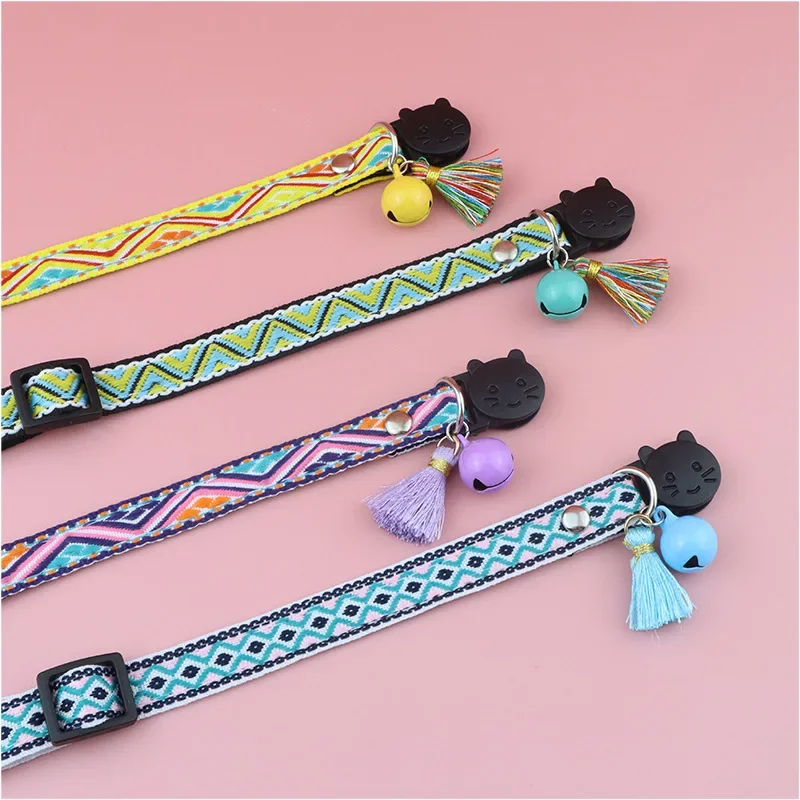 Pet Supplies Cat Collar Anti-choking Collar Cat Face Buckle Ethnic Jacquard Cat Collar with Bell Adjustable Safety Necklace