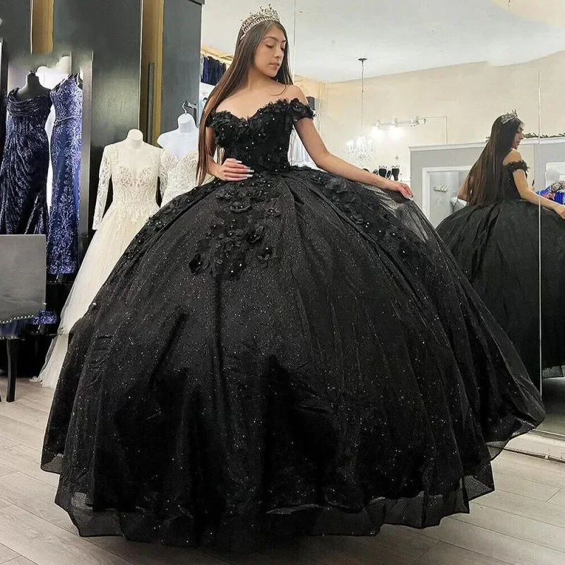 ANGELSBRIDEP czarna księżniczka Quinceanera sukienki bez ramion koronkowe suknia balowa z aplikacjami słodkie 16 sukienek vestidos de 15 años