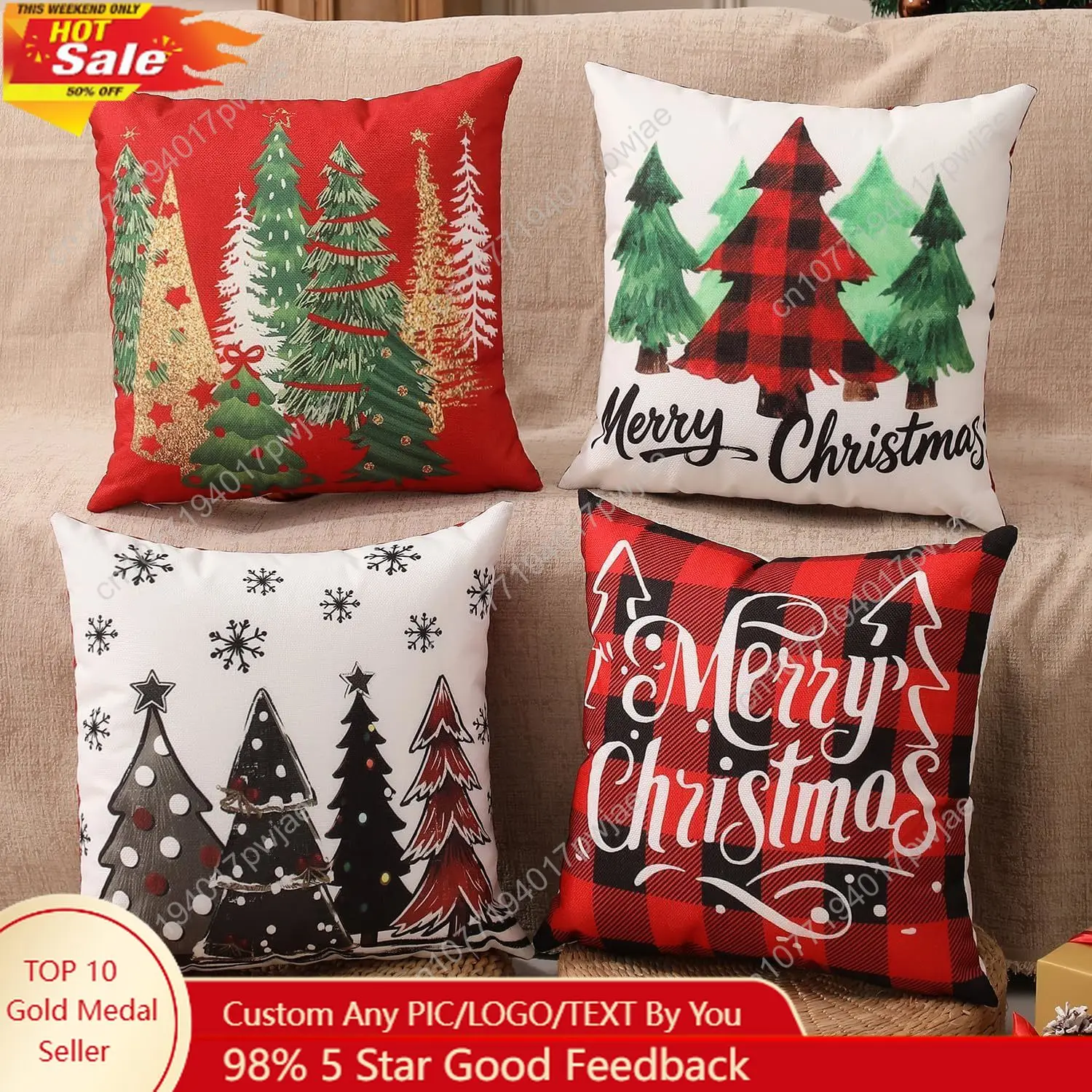 

Double-Sided Print Christmas Pillow Covers 18"x18" Set of 4, 8 Cute Christmas Patterns, Tree, Truck, Joy, Merry Christmas, Let I