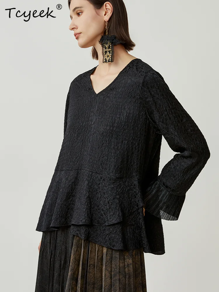 Tcyeek, 19MM 100% Jedwab Morwowy, Damska Koszula Żakardowa z Piwoniami, Dekolt w Serek, Modne Bluzki Projektantów, Wiosenne i Jesienne Topy 2024 T49904QM