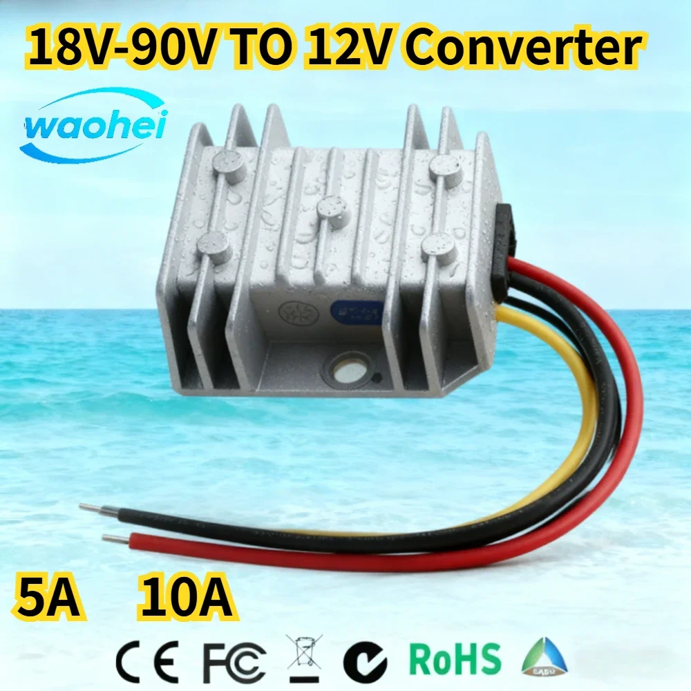 18-90V to 12V 5A 10A DC 24V 36V 48V 60V 72V to DC 12V 60W 120W Buck Stabilizer Converter Step-down Power Supply Module for Cars
