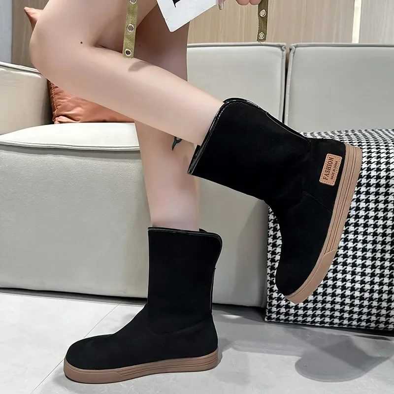 2024 New Shoes for Women Slip on Women\' Boots Winter Round Toe Solid Flock Plush Warm Comfortable Low-heeled Mid Calf Snow Boots