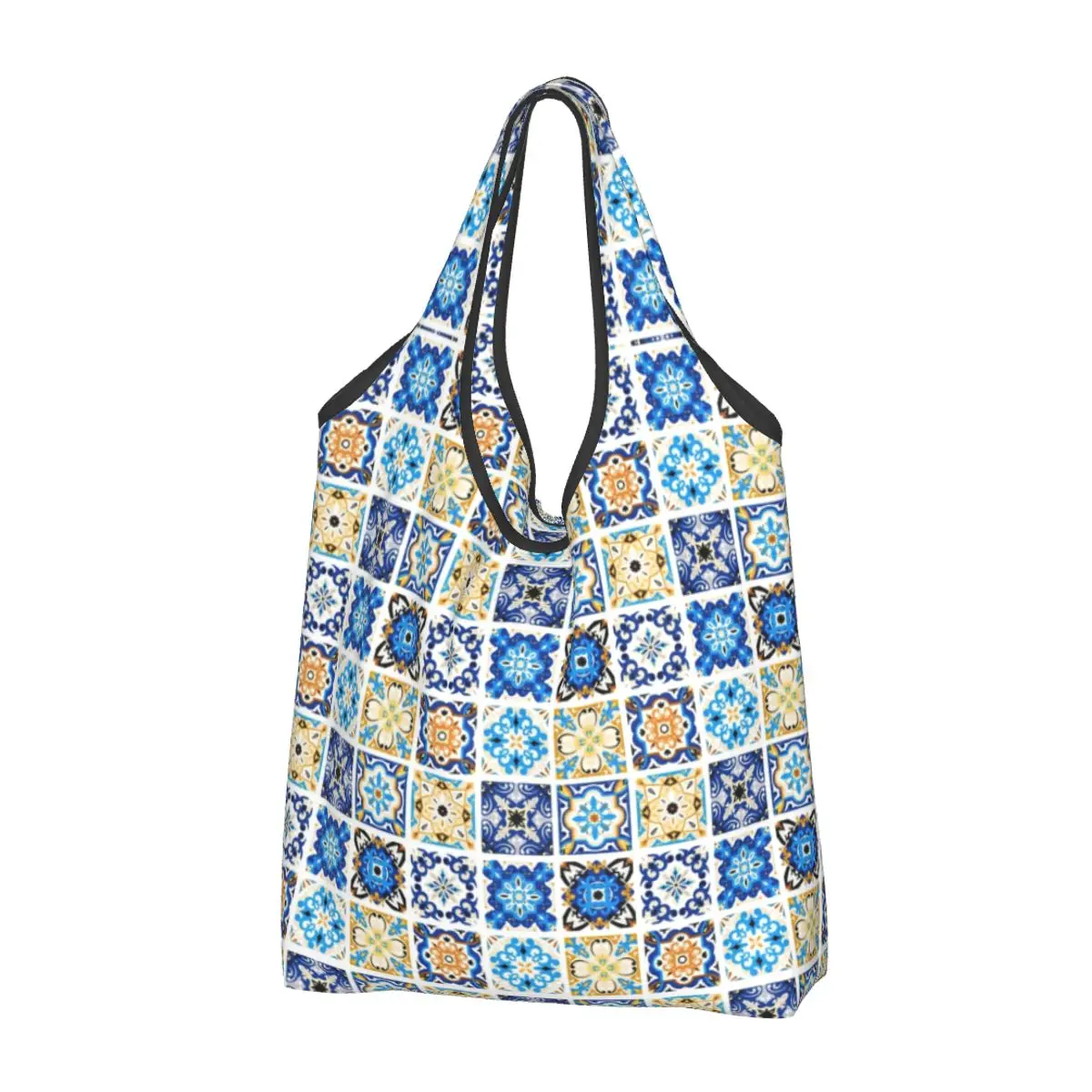 Custom Blue Mosaic Tiles Moroccan Arabesque Shopping Bag Women Portable Big Capacity Grocery Antique Geometric Tote Shopper Bags