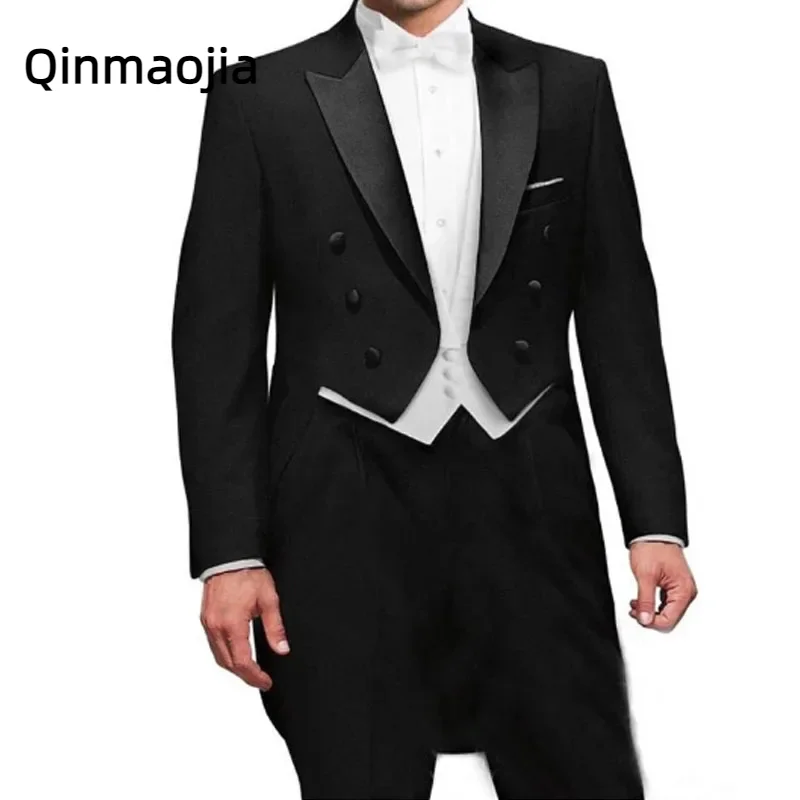 

2023 Black Wedding Groom Man Tail Coat with Double Breasted Gentleman Men Suits 3 Piece suit Set Custom White Vest