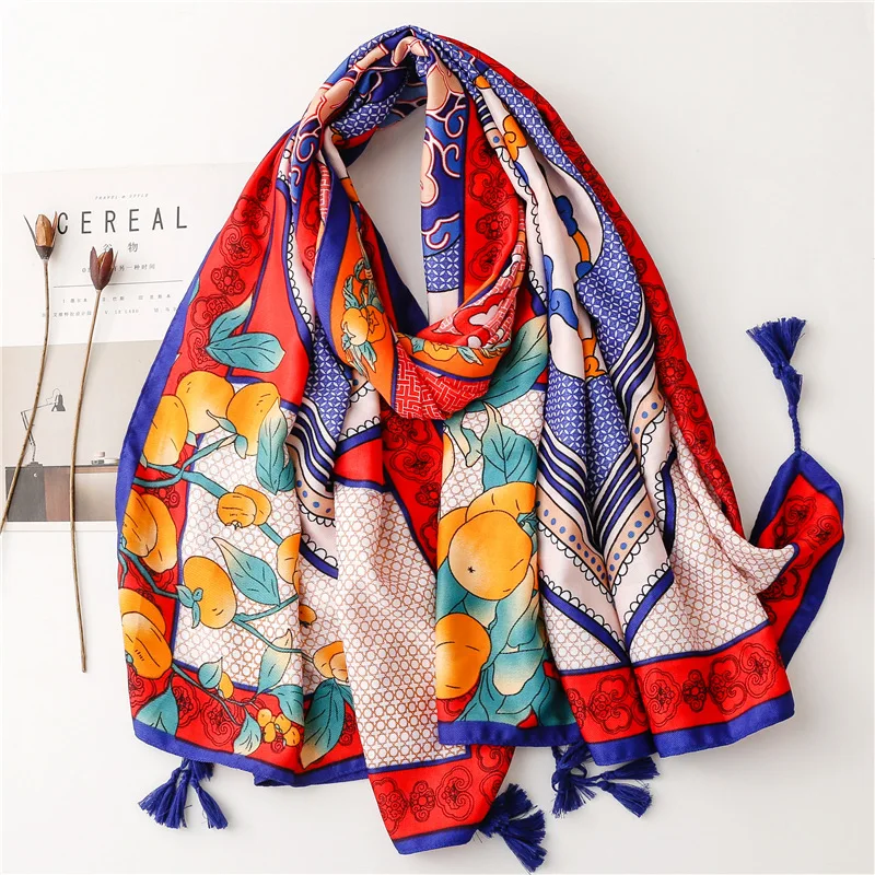 2023 New Fashion Cotton Totem Flower Pattern Tassel Scarf Shawls Women Long Soft Head Wrap Hijab 2 Color Free Shipping