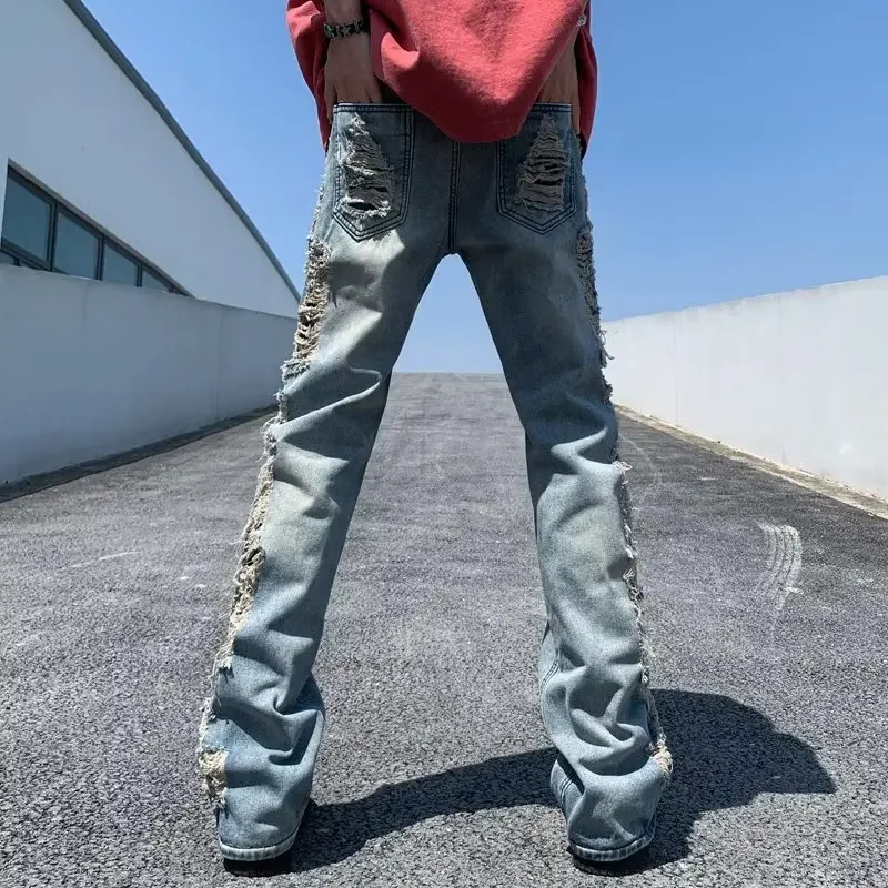 

2024 Ropa Grunge Y2K Streetwear Hip Hop Ripped Jeans Pants Men Clothing Baggy Straight Washed Blue Denim Trousers Pantalon Homme