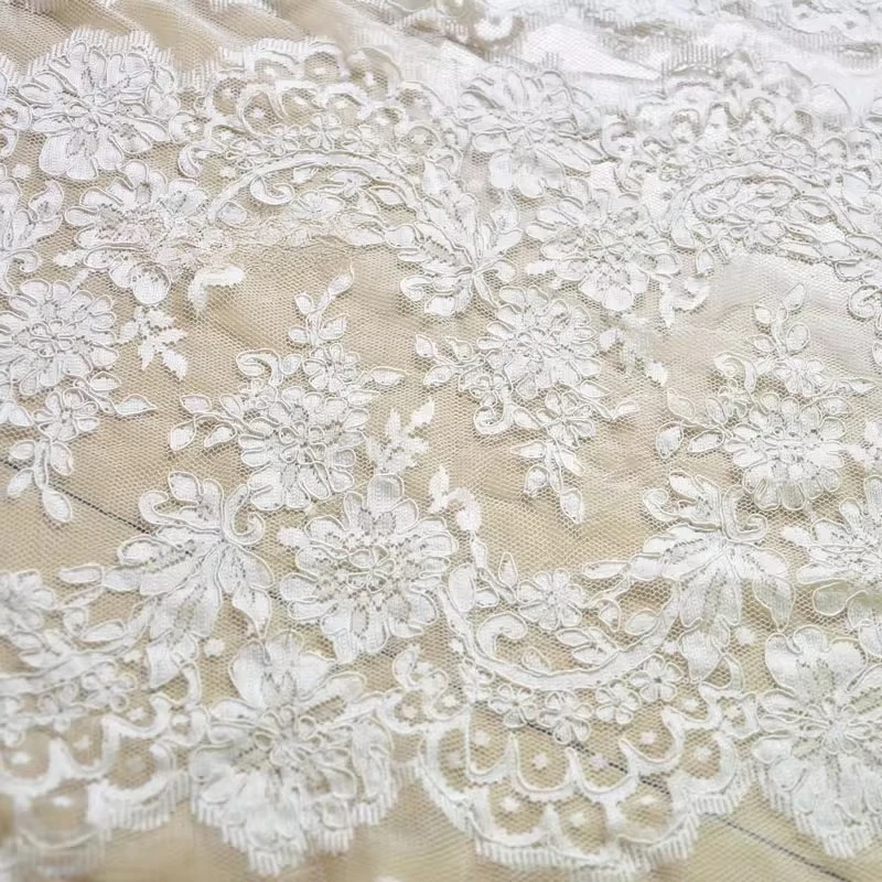 

High Quality Embroidered Dress Fabric Made of Ivory White Mesh and French Lace, Car Bone Lace, DIY Weeding Dress Accessories