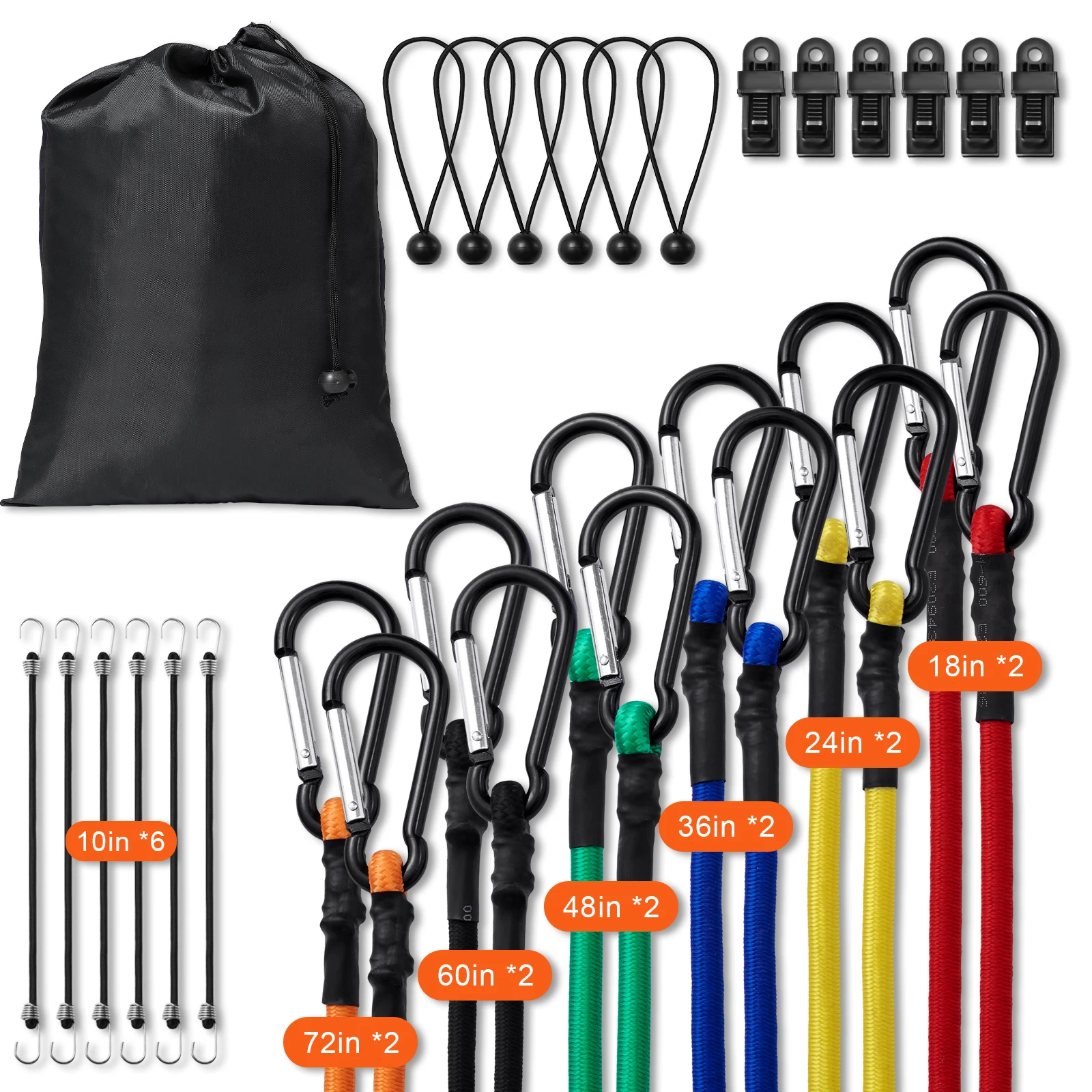 SucceBuy 30 Stück elastische Bungee-Seile, Sortiment mit A3-Stahlhaken, verstellbarem Zurrgurt, Gepäckseil, Motorrad-Fracht-Befestigungsgürtel