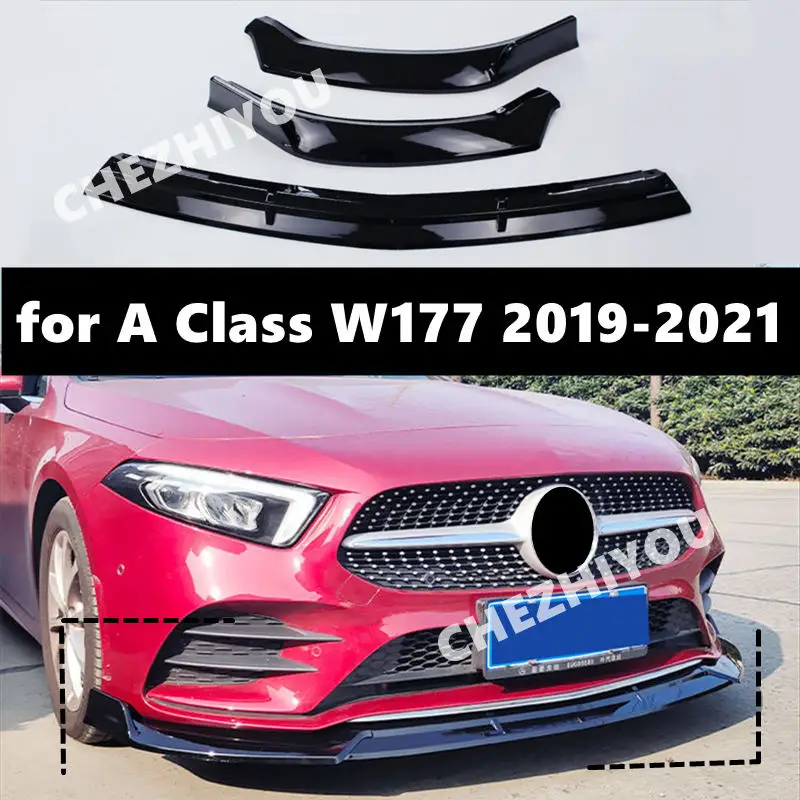 

For Mercedes Benz A Class W177 2019-2021 Sedan Car Front Bumper Lip Body Kit Spoiler Splitter Screw Fixation ABS 3 Pieces