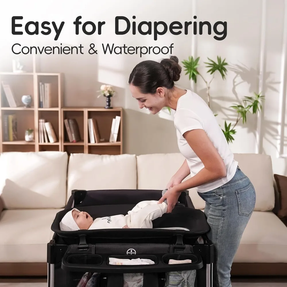 4 in 1 Baby Playpen with Bassinet Changing Station Portable Crib Breathable Mesh Net Safety Side Walls and Detachable Hanging 6