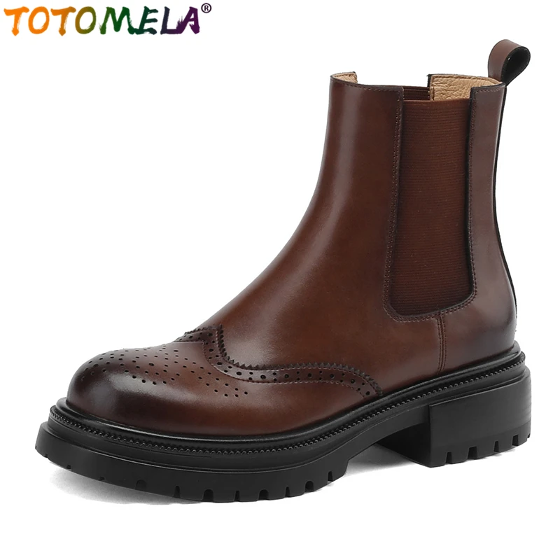 TOTOMELA Size 43 New Genuine Leather Chelsea Boots Women Round Toe Retro Handmade Ankle Boots Brown Black Autumn Winter Shoes