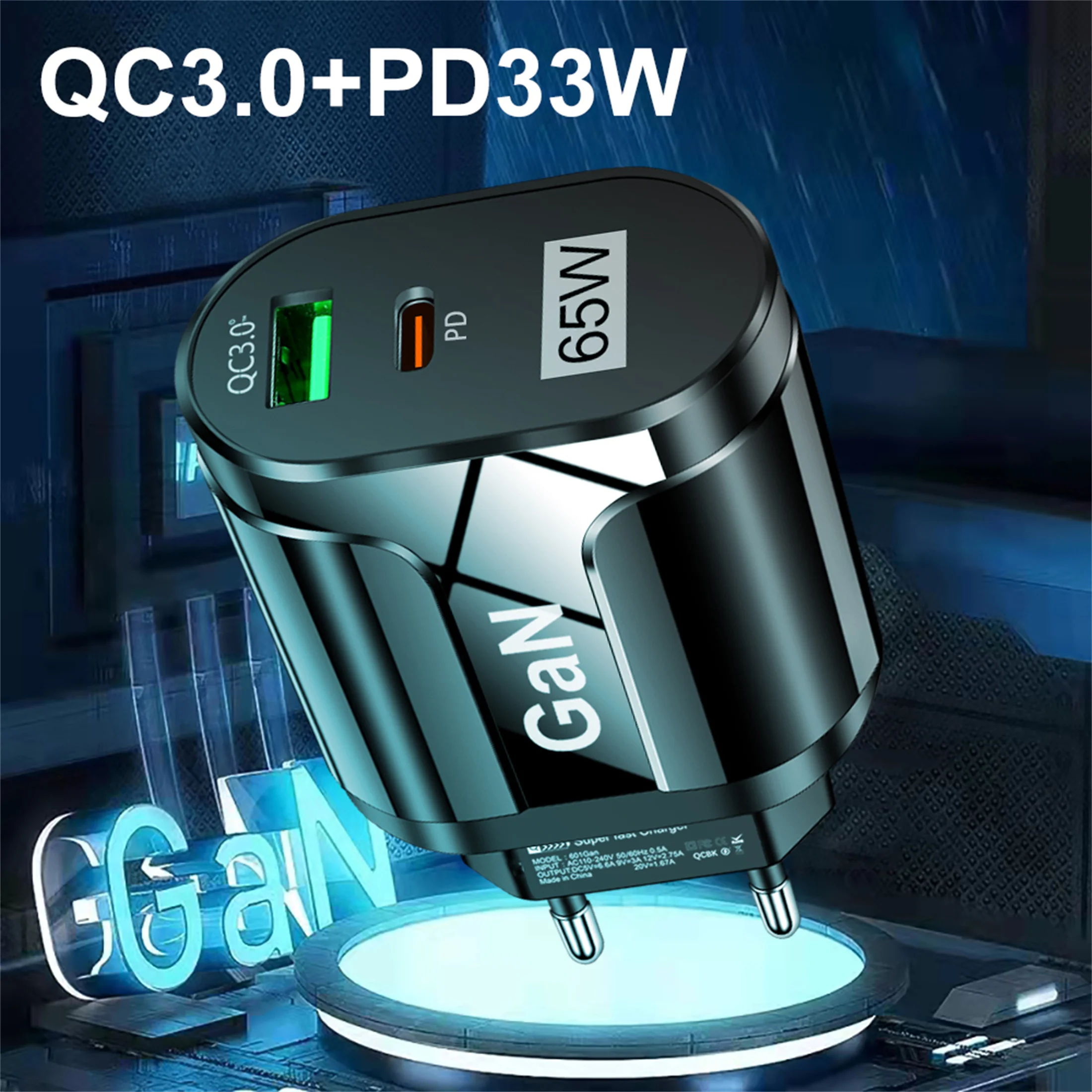 GaN 65W PD USB Type C Charger Mobile Phone Quick Charge Type C Wall Charger For iPhone Xiaomi Samsung Huawei EU/US Plug Charger