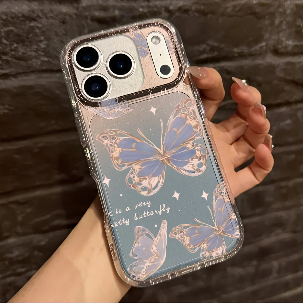 Luxury Blue Butterfly Clear Glitter Phone Case For iPhone 17 13 16 15 11 12 14 Pro Max  XR 17 Air 16e Case Soft Shockproof Cover view 2