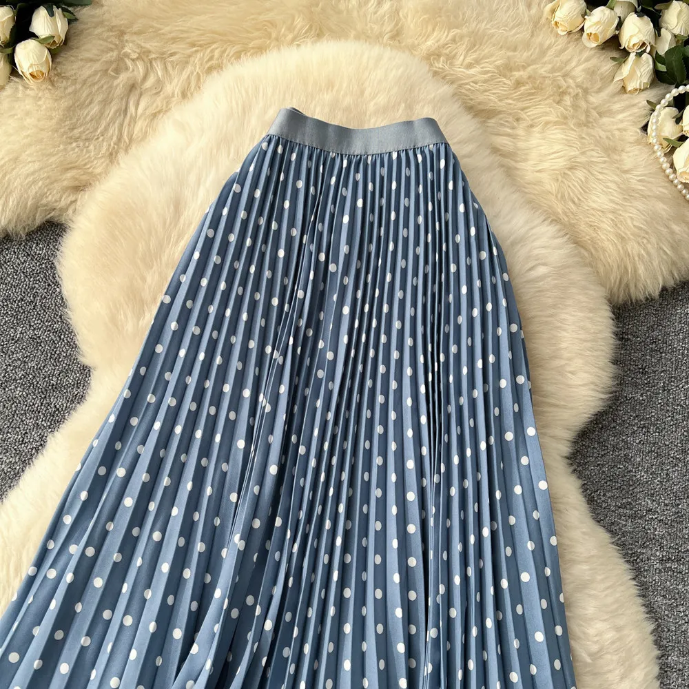 Korean Style Polka Dot Print Pleated A-line Long Skirts Women 2026 Spring Summer High Waist Casual Skirt