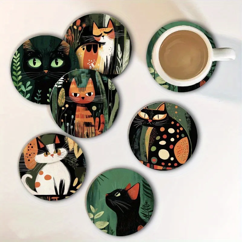 4in Cartoon Cat Pattern 2D Round Wooden Coaster Dining Table Living Room Office Cafe Cat Shelter Cat Lover Protecting Tabletop