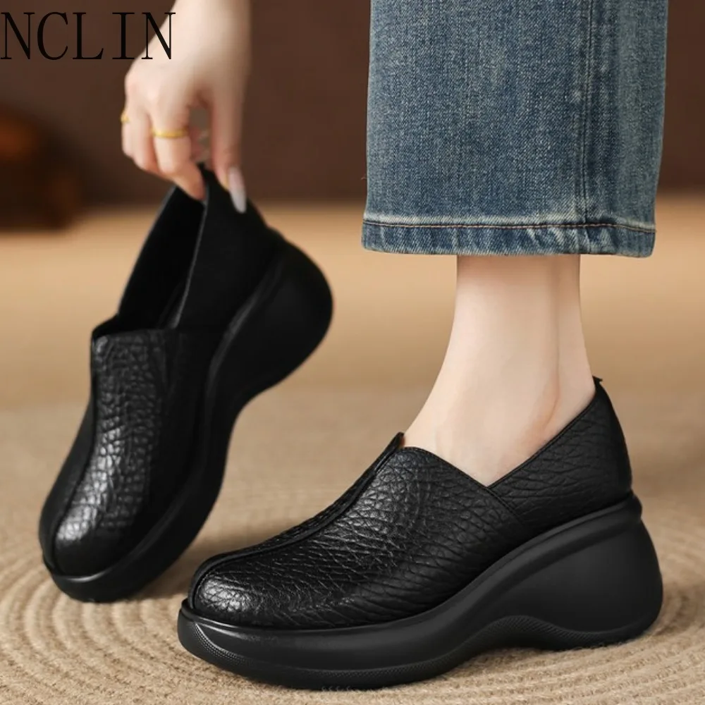 Autumn New women's loafers thick-soled round-toe slip-on shoes retro and comfortable genuine leather platform heightening shoes