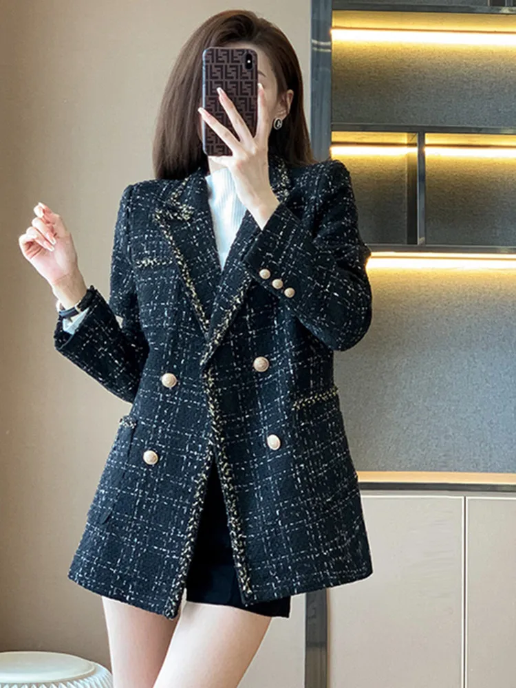 

2024 New Fashion Korean Casual Tweed Plaid Jacket For Women Autumn Winter Small Fragrance Style Woolen Elegant Outerwear