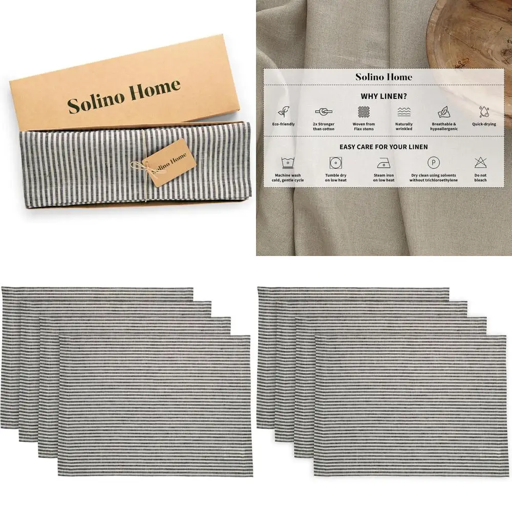 

Set of 4 14x19 Inch Black & White Striped Linen Placemats for Winter Holidays & Celebrations