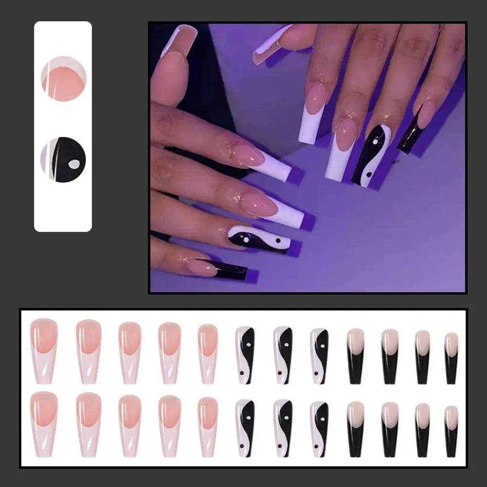 24Pcs Long Coffin False Nails White Black Designs Wearable French Ballerina Fake Nails Press On Full Cover Manicure Nail Tips