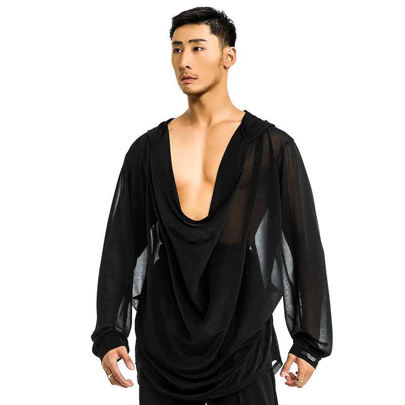 New Men Latin Dance Tops Hooded Black Mesh Tops Male Rumba Cha Cha Dance Performance Clothing Latin Dance Practice Wear DNV21873