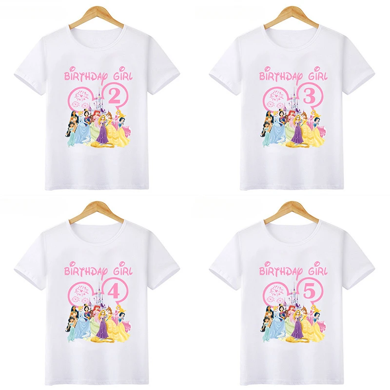 2024 New Disney Princess Graphic Birthday Girl Kids T Shirt Age 1 2 3 4 5 6 7 8 9 Years Girls Clothes Party Kawaii Baby T-Shirts