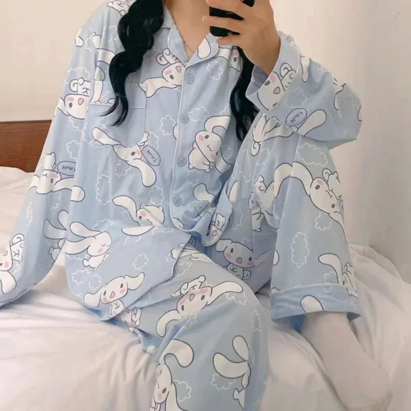 Sanrio Cinnamoroll Cartoon Women\'s Pajama Y2k Cute Fashion Sleepwear Set Woman 2 Piece Long Sleeve Home Suit For Female 2024 New