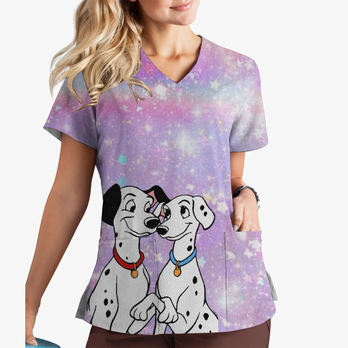 

Clinical Surgical Clothing Tops Disney Series Dalmatian Print Women's Summer Short Sleeve Medical Laboratory Medical Clothing