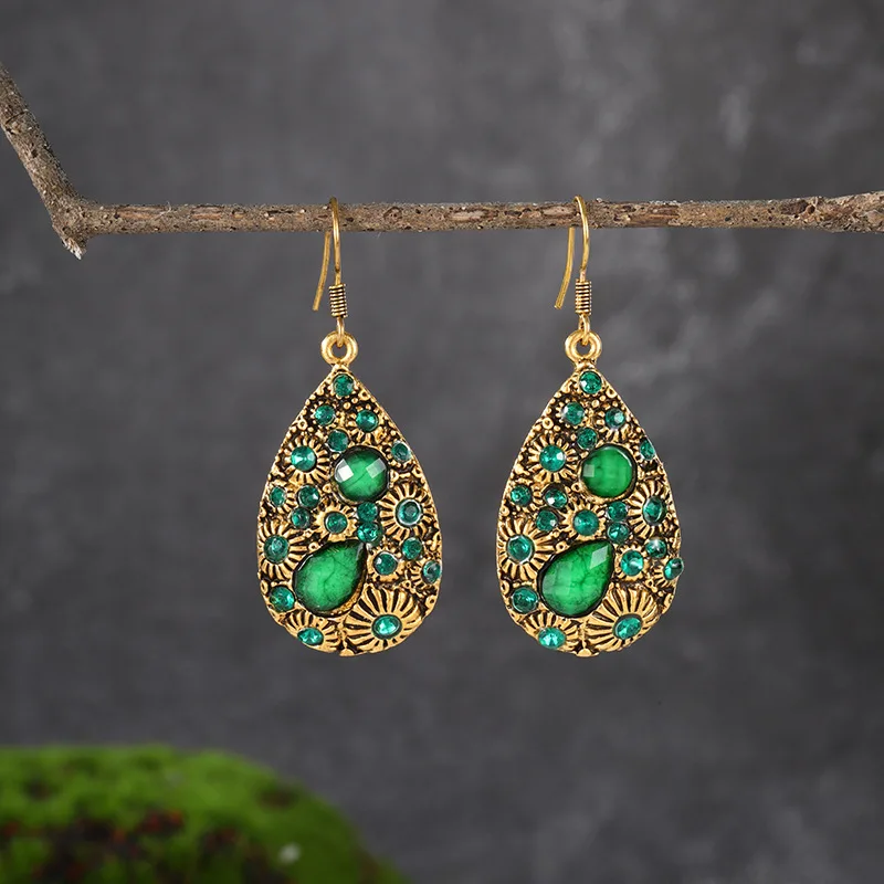 Ethnic Bohemian Vintage Crystal Rhinestone Acrylic Water Drop Dangle Earrings For Women Carved Antique Gold Color Boho Earrings