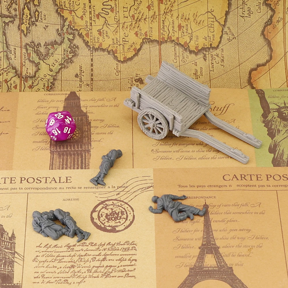 Cart & Casualty Villager Miniature Set, Unpainted Resin Dead NPC Figures Tabletop RPG Wargame Scenery