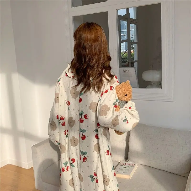 Cotton Robe Long Sleeve Nightgown with Bra Pads Women Sleepwear Loungewear Kawaii Clothes Print Loose Soft Kimono Nightgown