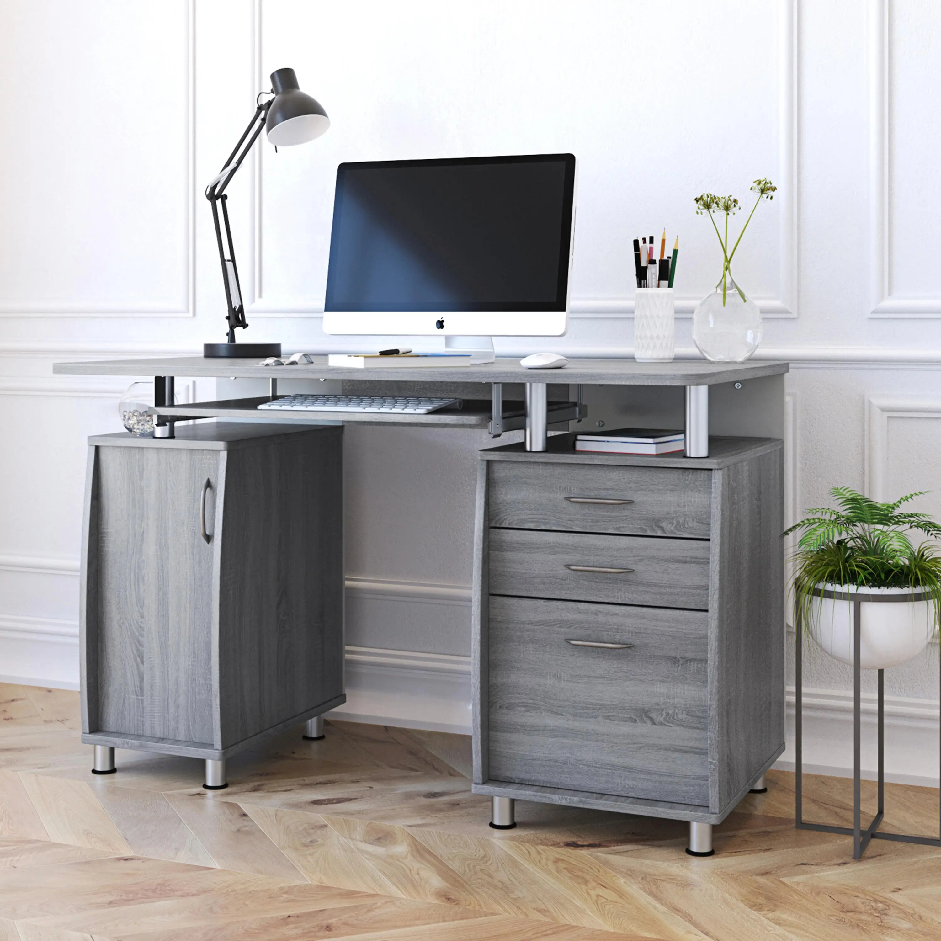 Modern Grey Workstation Desk with Ample Storage for Home Office Setup